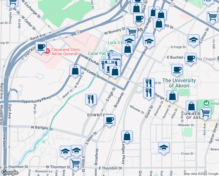map of restaurants, bars, coffee shops, grocery stores, and more near in Akron