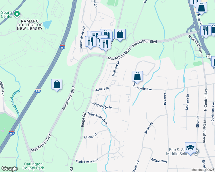 map of restaurants, bars, coffee shops, grocery stores, and more near 1231 Mulberry Drive in Mahwah