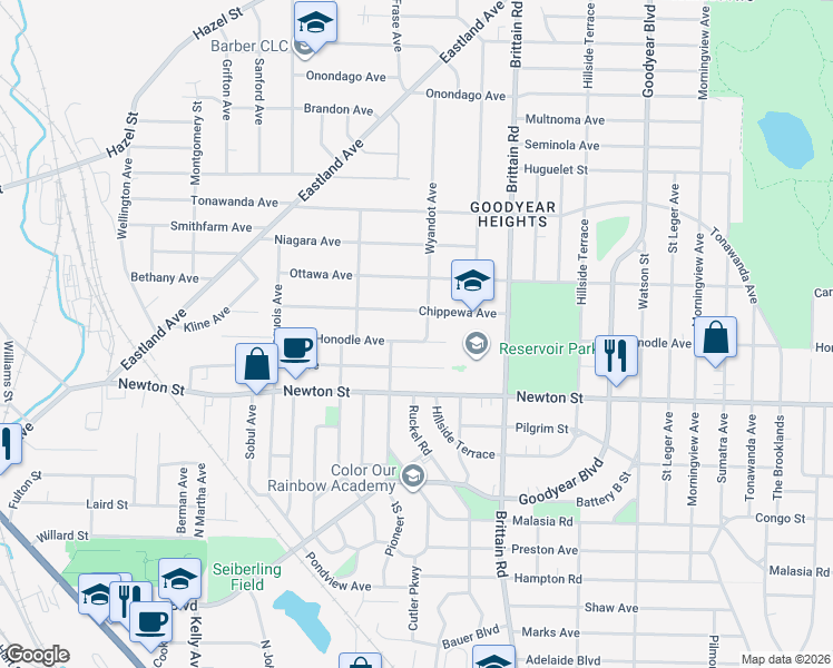 map of restaurants, bars, coffee shops, grocery stores, and more near 1433 Honodle Ave in Akron
