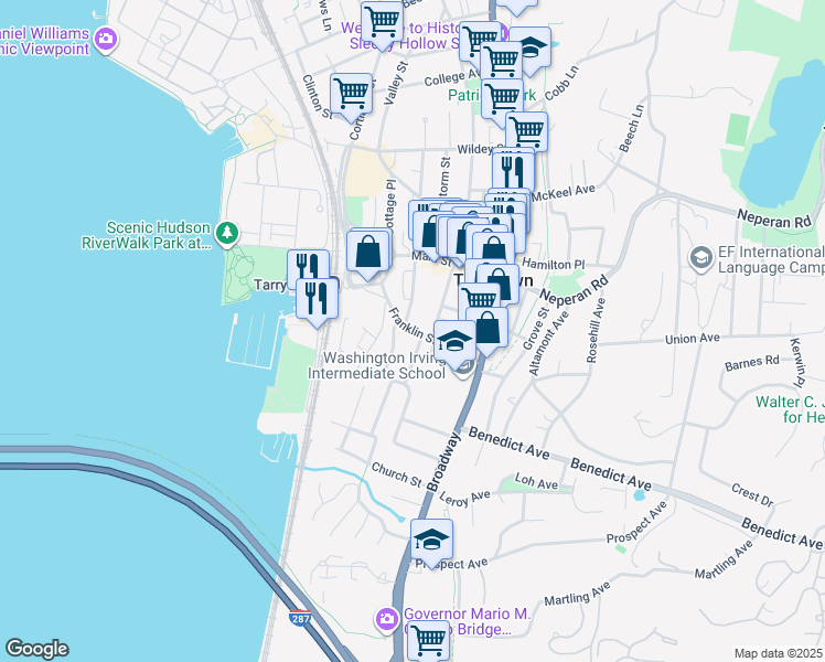 map of restaurants, bars, coffee shops, grocery stores, and more near Franklin Street in Tarrytown