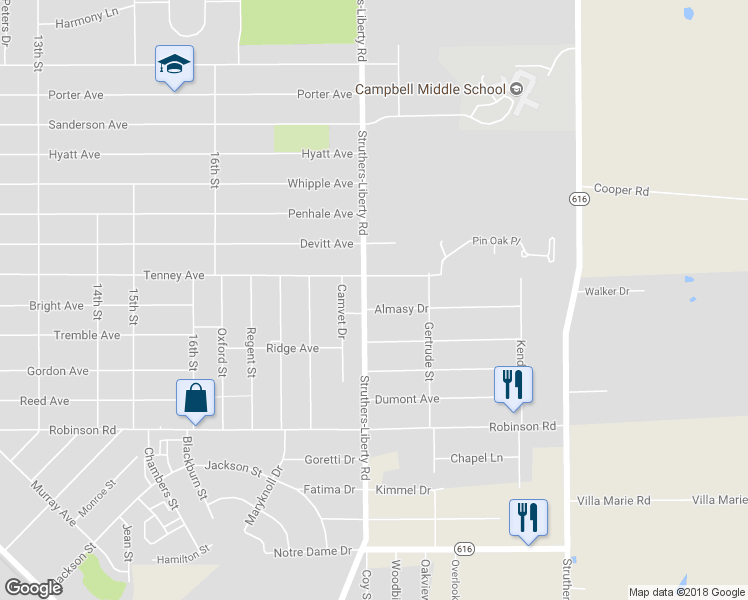 map of restaurants, bars, coffee shops, grocery stores, and more near 275 Struthers-Liberty Road in Campbell