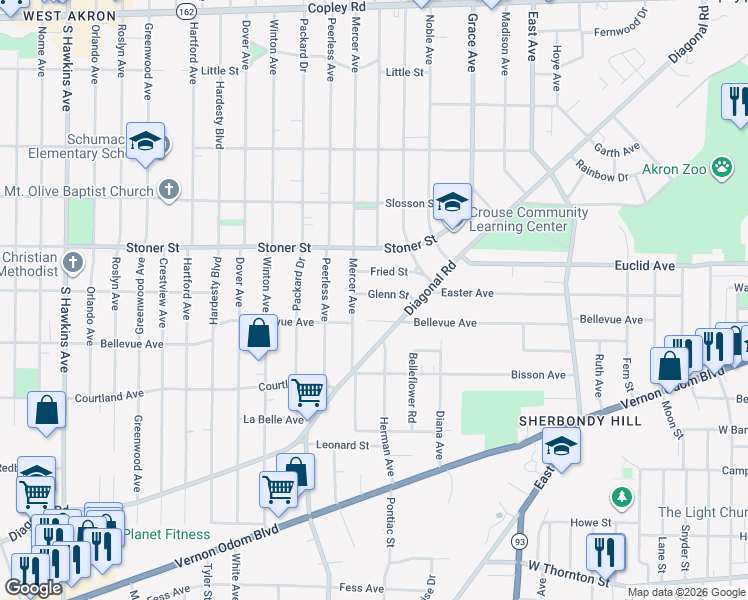 map of restaurants, bars, coffee shops, grocery stores, and more near 870 Glenn Street in Akron