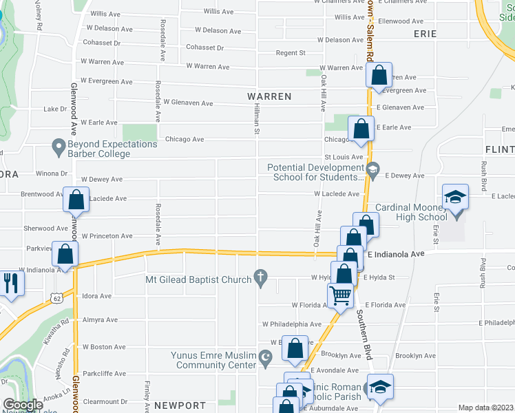 map of restaurants, bars, coffee shops, grocery stores, and more near 2530 Hillman Street in Youngstown