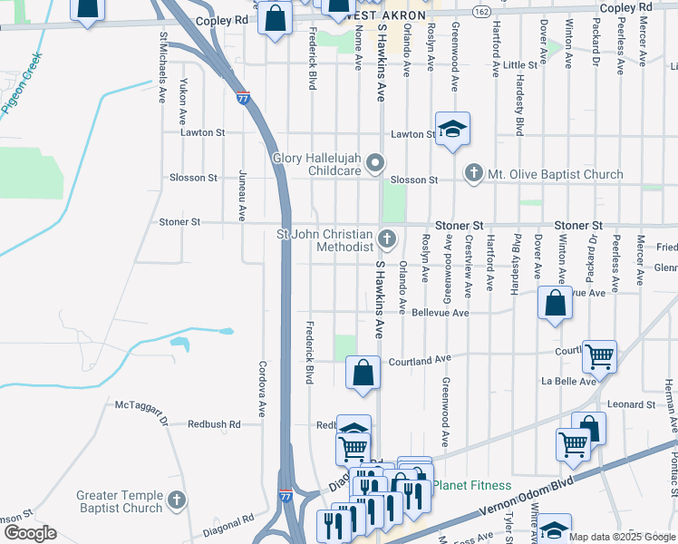map of restaurants, bars, coffee shops, grocery stores, and more near 1342 Thurston Street in Akron