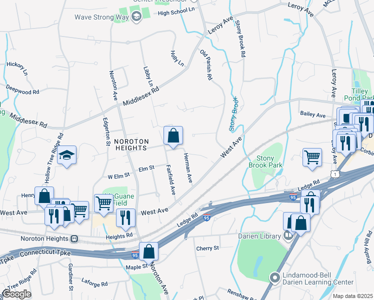 map of restaurants, bars, coffee shops, grocery stores, and more near 28 Edgewood Road in Darien