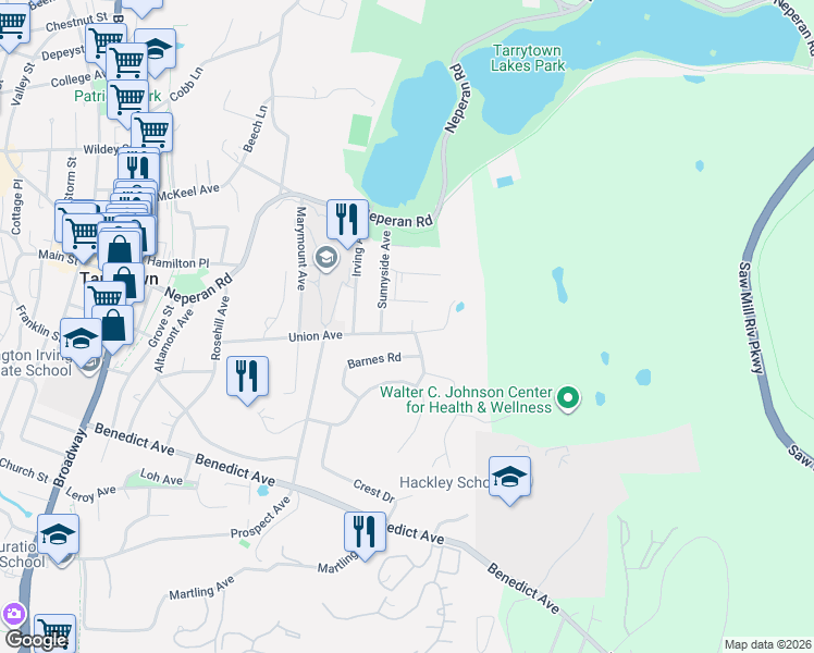 map of restaurants, bars, coffee shops, grocery stores, and more near 152 Union Avenue in Tarrytown