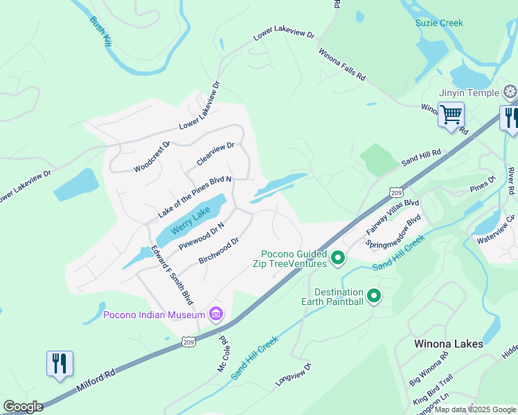 map of restaurants, bars, coffee shops, grocery stores, and more near 157 Wilbur Bloom Boulevard in East Stroudsburg
