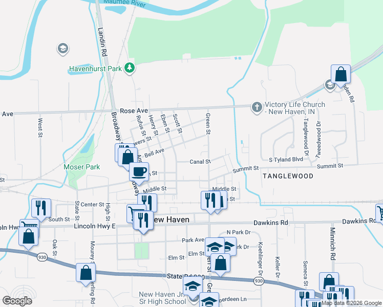 map of restaurants, bars, coffee shops, grocery stores, and more near 1143 Canal Street in New Haven