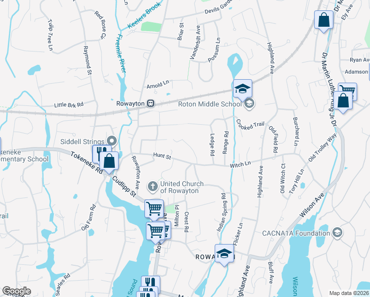 map of restaurants, bars, coffee shops, grocery stores, and more near 47 Hunt Street in Norwalk