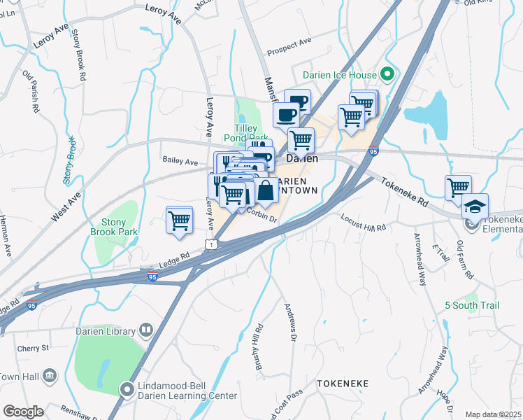 map of restaurants, bars, coffee shops, grocery stores, and more near 30 Corbin Drive in Darien
