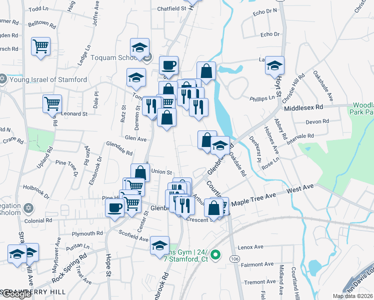 map of restaurants, bars, coffee shops, grocery stores, and more near 15 Cowing Terrace in Stamford