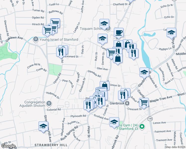 map of restaurants, bars, coffee shops, grocery stores, and more near 20 Glendale Road in Stamford