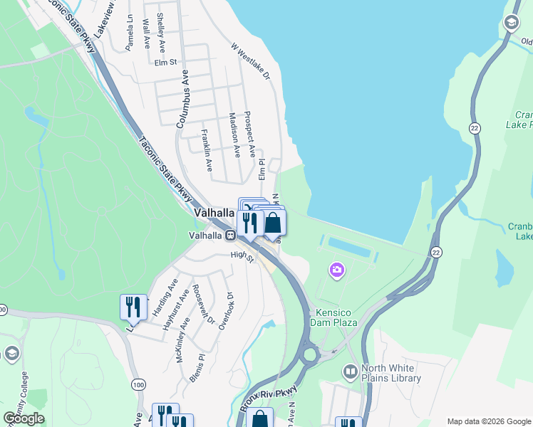 map of restaurants, bars, coffee shops, grocery stores, and more near 37 North Kensico Avenue in Valhalla
