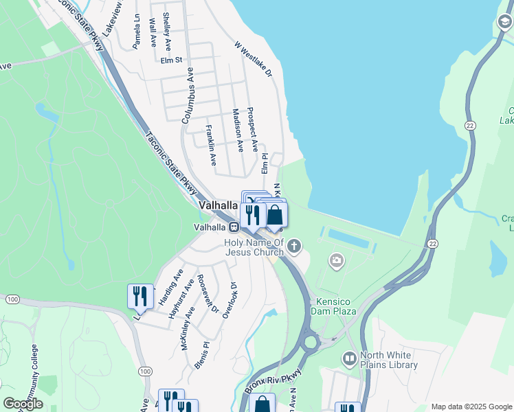 map of restaurants, bars, coffee shops, grocery stores, and more near 20 Madison Avenue in Valhalla
