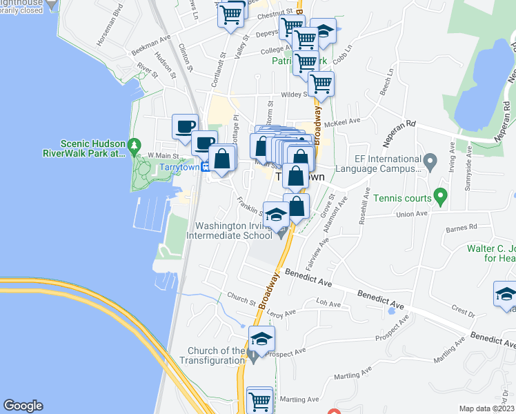 map of restaurants, bars, coffee shops, grocery stores, and more near 50 Franklin Street in Tarrytown