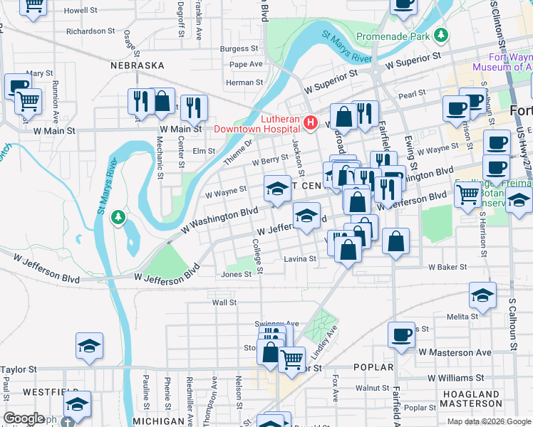 map of restaurants, bars, coffee shops, grocery stores, and more near 1011 College Street in Fort Wayne