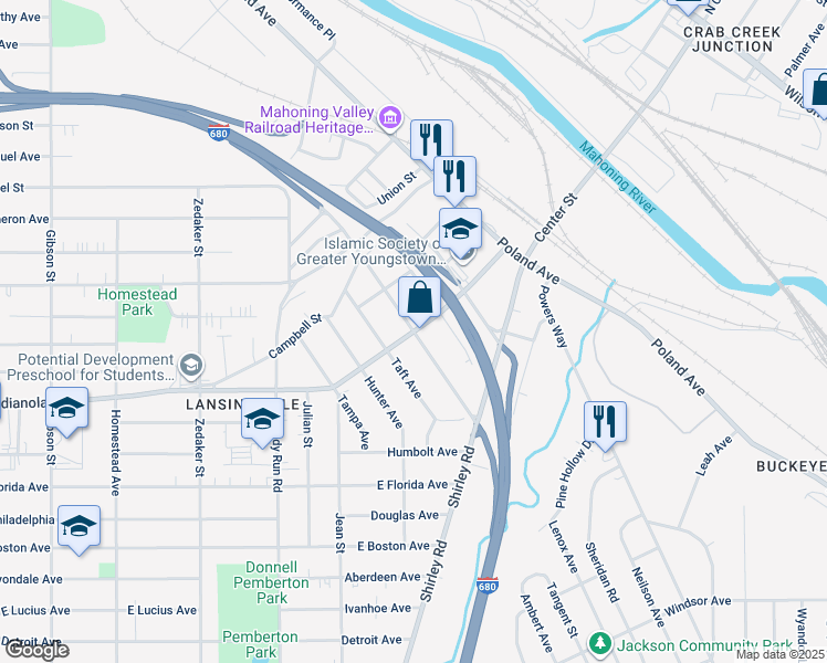 map of restaurants, bars, coffee shops, grocery stores, and more near 1401 East Indianola Avenue in Youngstown