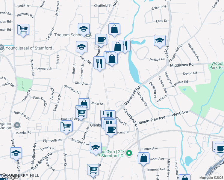 map of restaurants, bars, coffee shops, grocery stores, and more near 15 Cowing Terrace in Stamford