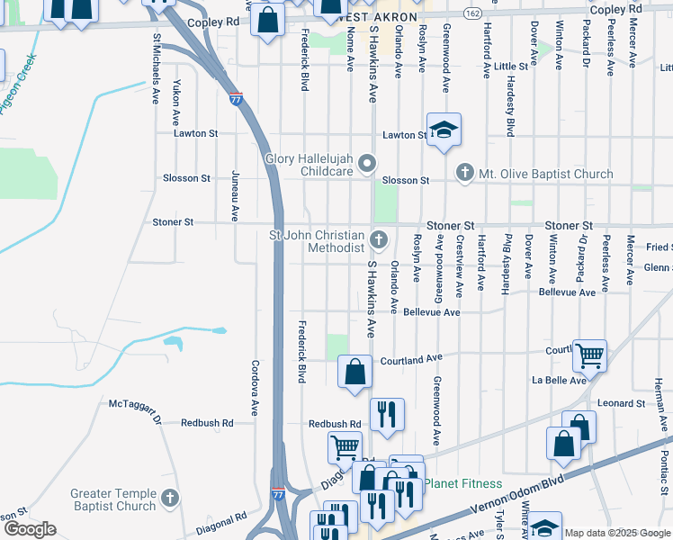 map of restaurants, bars, coffee shops, grocery stores, and more near 1332 Thurston Street in Akron