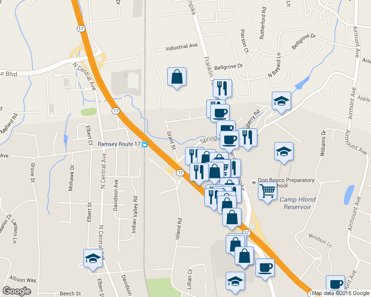 map of restaurants, bars, coffee shops, grocery stores, and more near 49 Spring Street in Ramsey