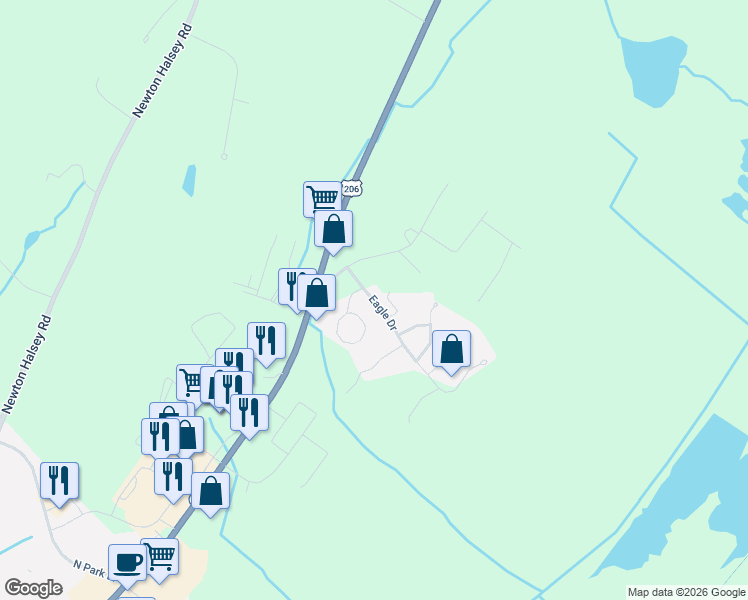 map of restaurants, bars, coffee shops, grocery stores, and more near 19 Eagle Drive in Newton