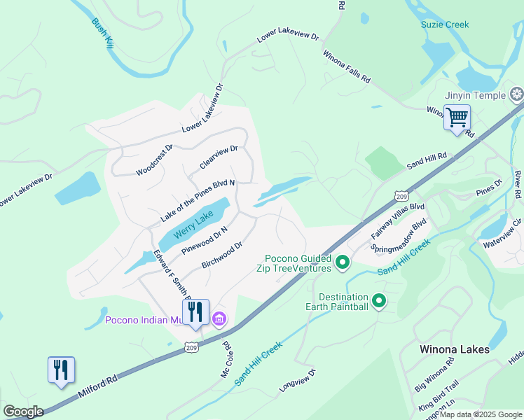 map of restaurants, bars, coffee shops, grocery stores, and more near 157 Wilbur Bloom Boulevard in East Stroudsburg