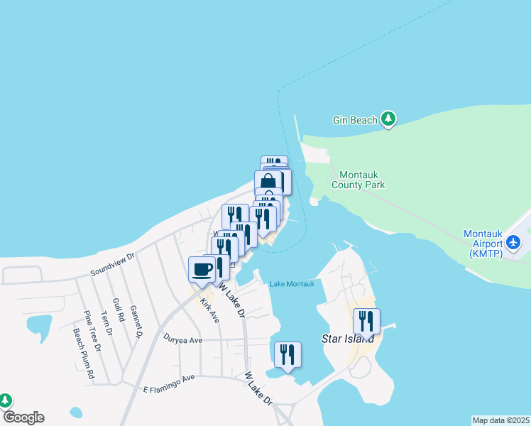 map of restaurants, bars, coffee shops, grocery stores, and more near 487 West Lake Drive in Montauk