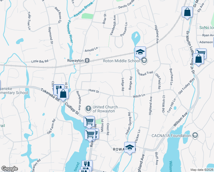 map of restaurants, bars, coffee shops, grocery stores, and more near 47 Hunt Street in Norwalk