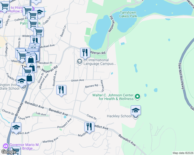 map of restaurants, bars, coffee shops, grocery stores, and more near 152 Union Avenue in Tarrytown