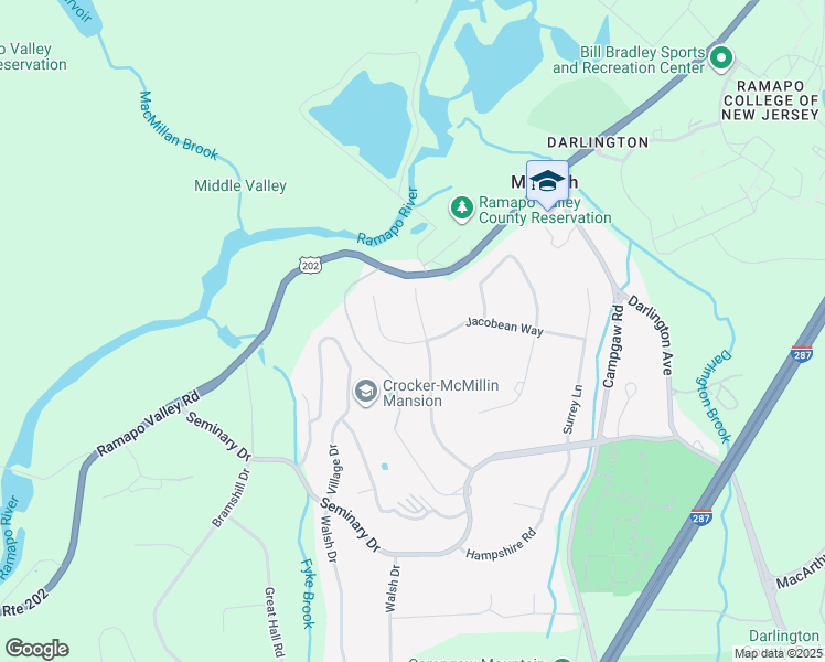 map of restaurants, bars, coffee shops, grocery stores, and more near 54 Georgian Court in Mahwah