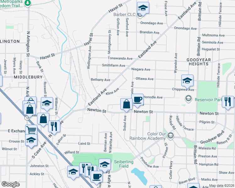 map of restaurants, bars, coffee shops, grocery stores, and more near 1231 Honodle Avenue in Akron