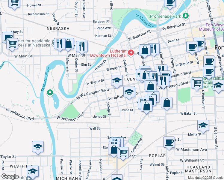 map of restaurants, bars, coffee shops, grocery stores, and more near 1111 West Washington Boulevard in Fort Wayne