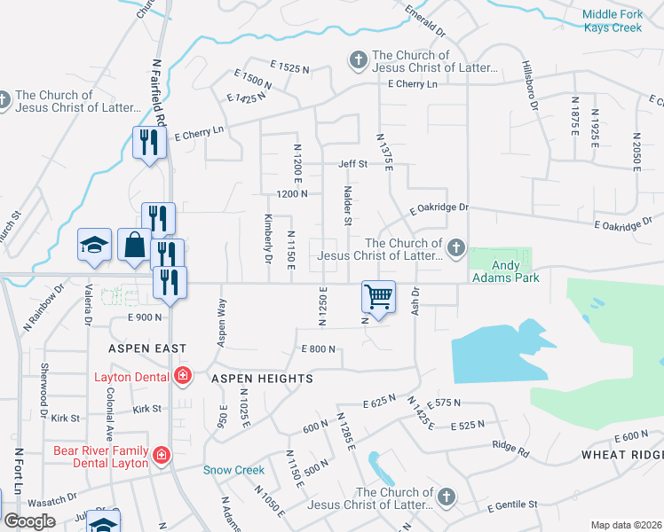 map of restaurants, bars, coffee shops, grocery stores, and more near 1297 East Rainbow Drive in Layton