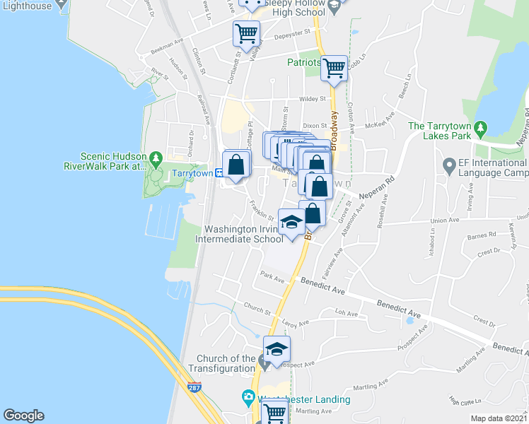 map of restaurants, bars, coffee shops, grocery stores, and more near 50 Franklin Street in Tarrytown