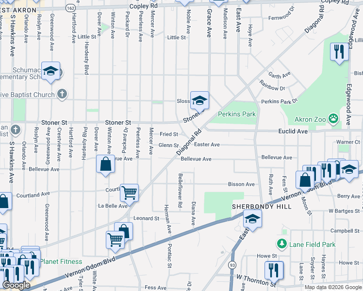 map of restaurants, bars, coffee shops, grocery stores, and more near 1122 Diagonal Road in Akron