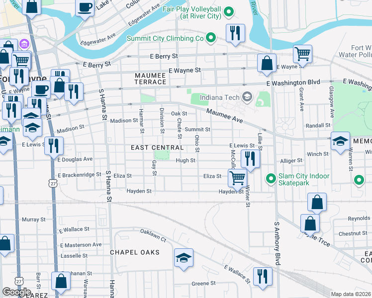 map of restaurants, bars, coffee shops, grocery stores, and more near 1231 Hugh Street in Fort Wayne