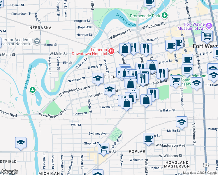 map of restaurants, bars, coffee shops, grocery stores, and more near 1032 Jackson Street in Fort Wayne