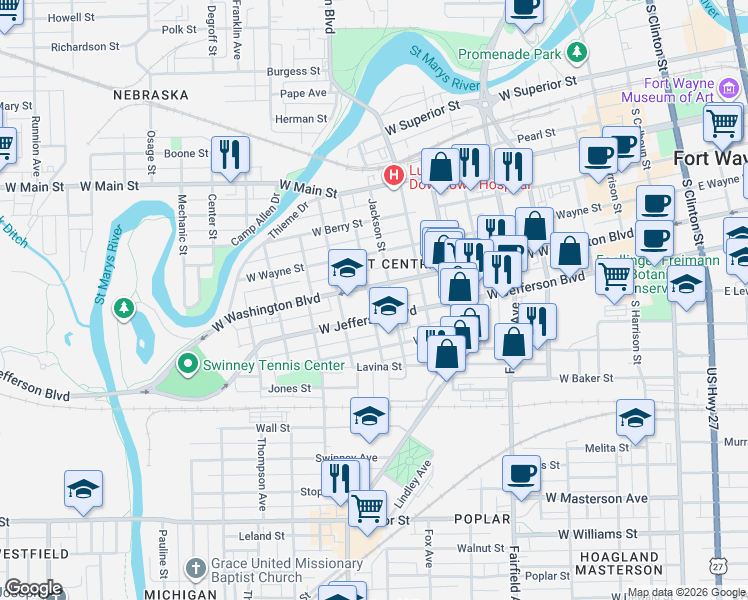map of restaurants, bars, coffee shops, grocery stores, and more near 1015 West Washington Boulevard in Fort Wayne