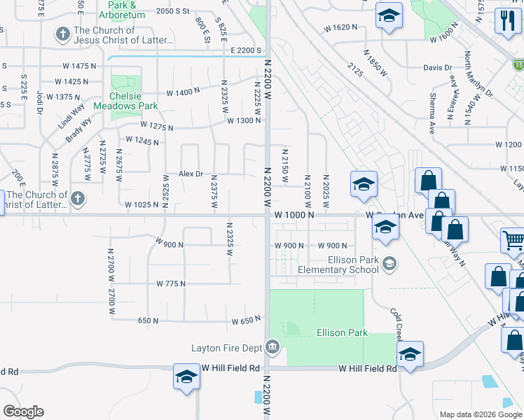 map of restaurants, bars, coffee shops, grocery stores, and more near 2200 West Gordon Avenue in Layton