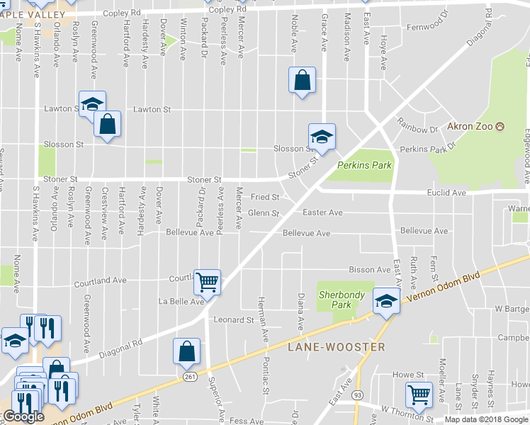 map of restaurants, bars, coffee shops, grocery stores, and more near 854 Glenn Street in Akron