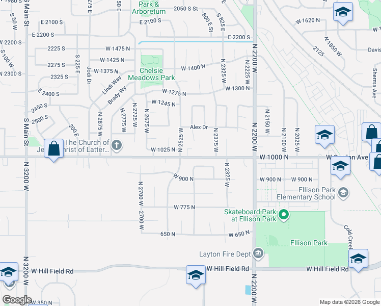 map of restaurants, bars, coffee shops, grocery stores, and more near 2484 West Gordon Avenue in Layton