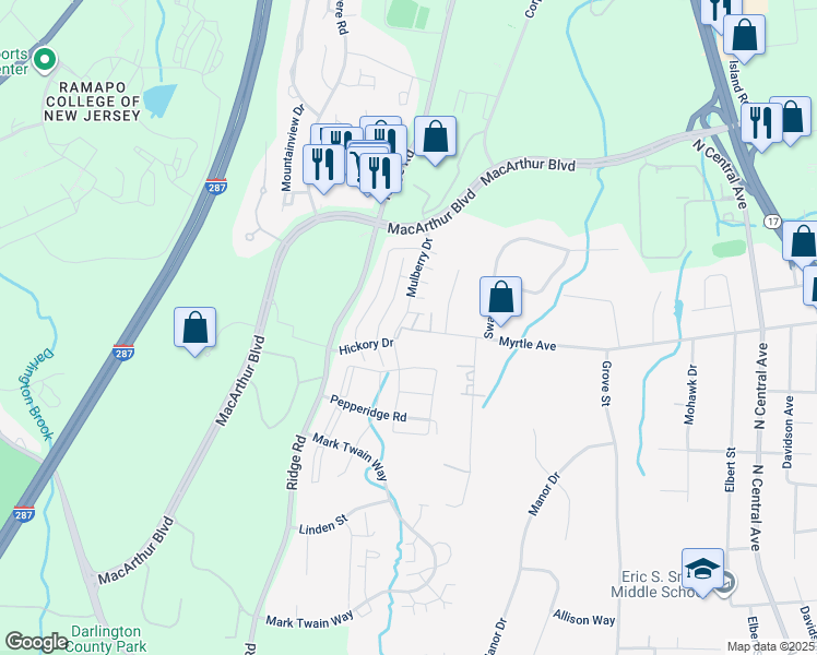 map of restaurants, bars, coffee shops, grocery stores, and more near 1252 Mulberry Drive in Mahwah