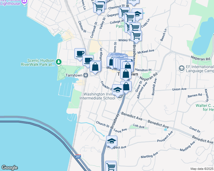 map of restaurants, bars, coffee shops, grocery stores, and more near 56 Windle Park in Tarrytown