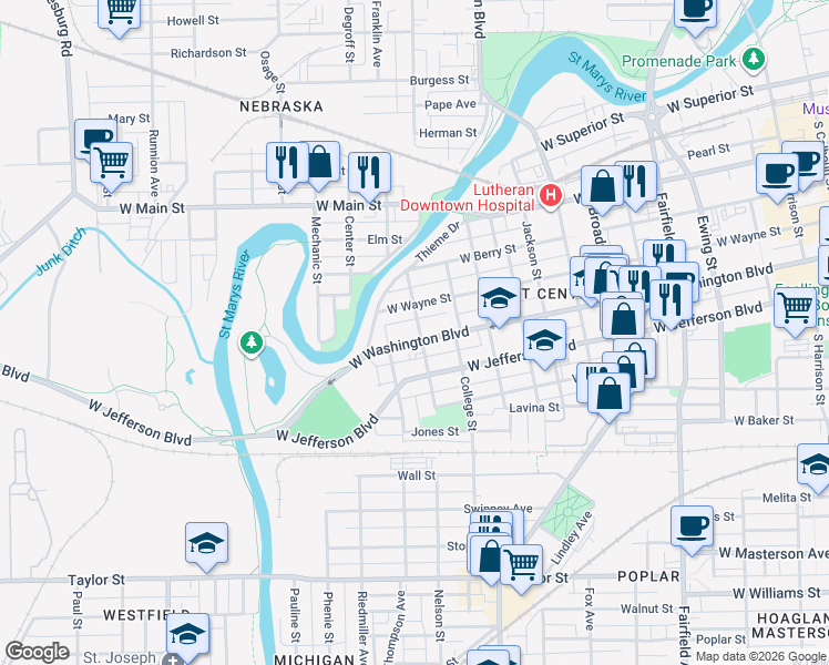 map of restaurants, bars, coffee shops, grocery stores, and more near 1302 West Washington Boulevard in Fort Wayne