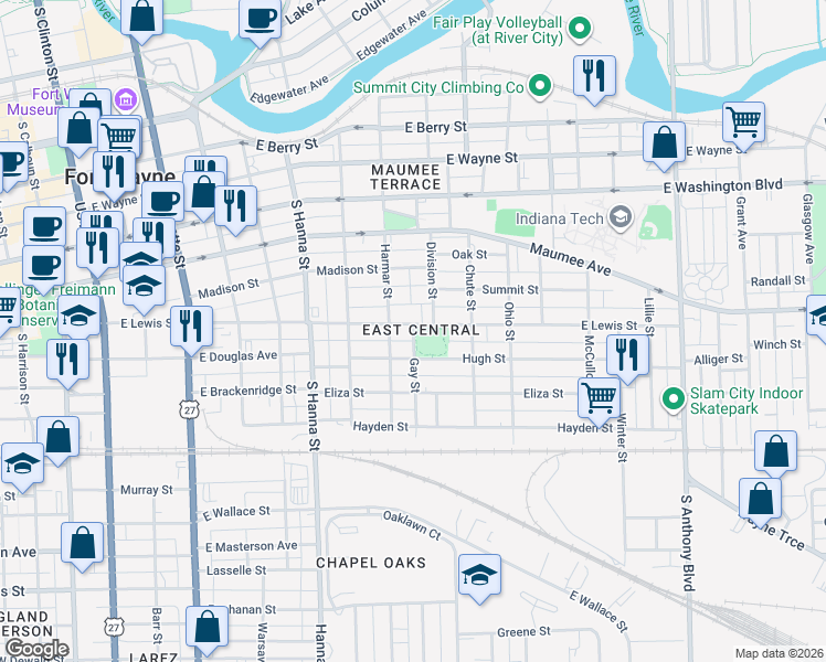 map of restaurants, bars, coffee shops, grocery stores, and more near 1220 Gay Street in Fort Wayne