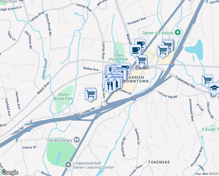 map of restaurants, bars, coffee shops, grocery stores, and more near 1080 Post Road in Darien