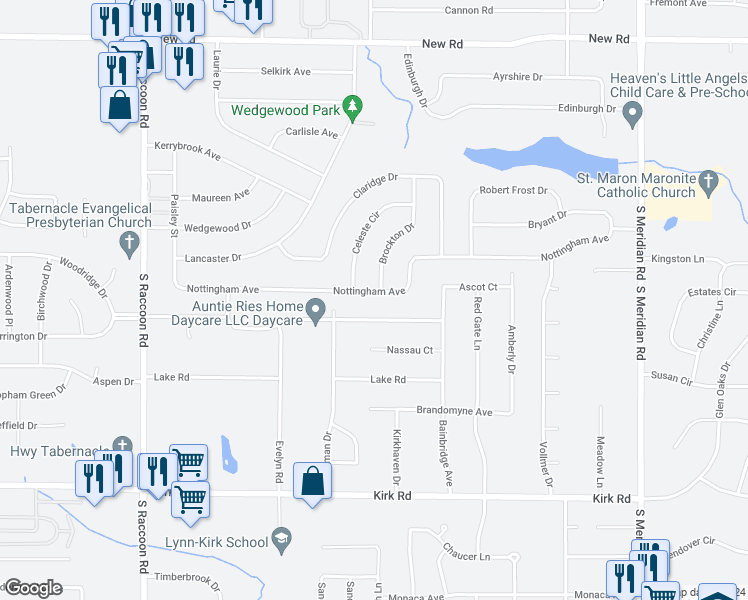 map of restaurants, bars, coffee shops, grocery stores, and more near 4161 Nottingham Avenue in Youngstown
