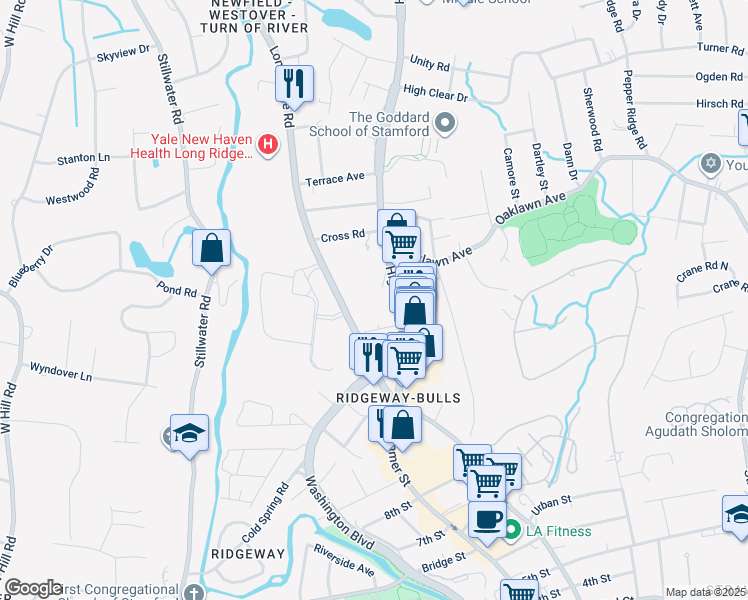 map of restaurants, bars, coffee shops, grocery stores, and more near 37-97 Long Ridge Road in Stamford