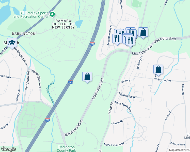 map of restaurants, bars, coffee shops, grocery stores, and more near Volvo Place in Mahwah
