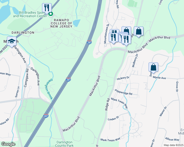 map of restaurants, bars, coffee shops, grocery stores, and more near Volvo Place in Mahwah